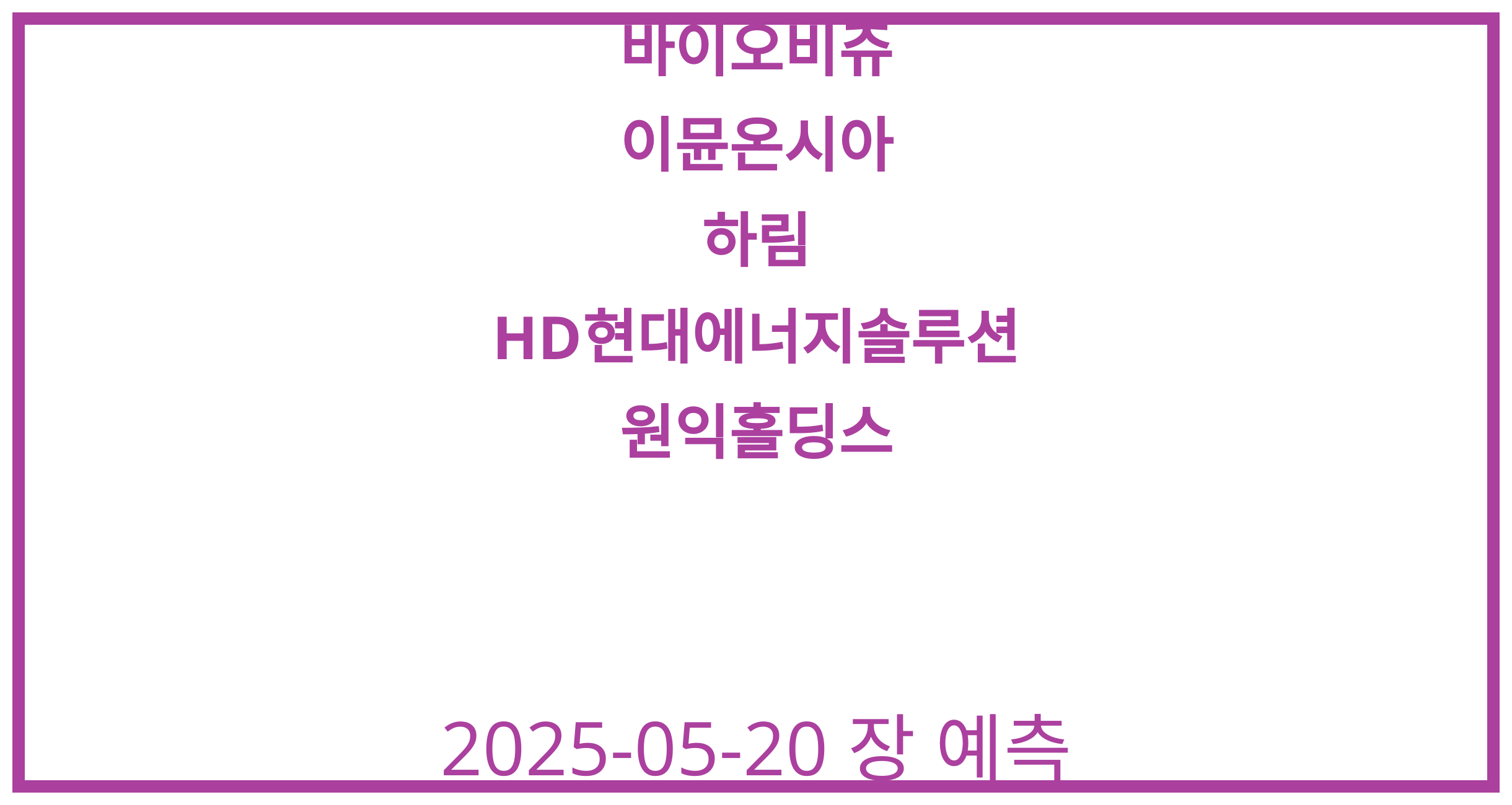 바이오비쥬, 이뮨온시아, 하림, HD현대에너지솔루션, 원익홀딩스 2025-05-20 주식 분석